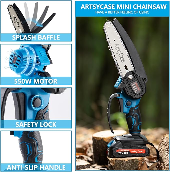 ArtsyCase Mini Chainsaw 6-inch Cordless, Portable chainsaws, Small Handheld Chain Saw for Tree Trimmer, Wood and Bamboo Cutting, Chain saws Gifts for Husband, Dad(2 Batteries+ 2 Chains+ 2 Bars)