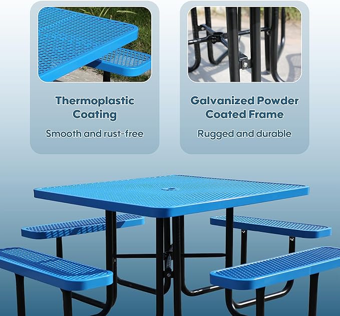 8-Person Picnic Tables for Outdoors, Industrial 46" Expanded Metal Square Picnic Table with 4 Benches & Umbrella Hole, Outside Table and Bench Set for Garden, Backyard, Porch, Patio, Blue