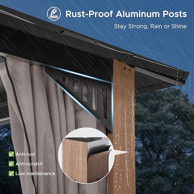 SUNJOY Kingston 12' x 10' Hardtop Gazebo with Galvanized Steel/Polycarbonate Double Roof, Curtain and Netting, Woodgrain Finish Aluminum Posts Permanent Pavilion Gazebo for Garden, Patio, Deck, Lawn