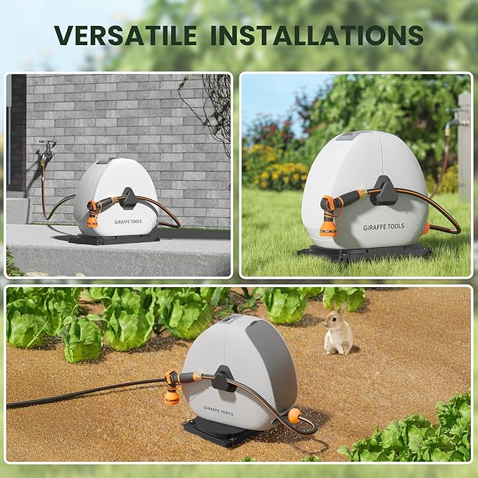 Giraffe Tools Heavy Duty Retractable Hose Reel, 130FT 1/2 Inch Automatic Rewind Garden Hose Reel with Flexible Swivel Base, Ground Mount for Lawn, Patio, and Concrete Floor