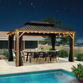 PURPLE LEAF 10' X 14' Outdoor Hardtop Gazebo for Patio Galvanized Steel Double Roof Permanent Canopy Teak Finish Coated Aluminum Frame Pavilion Gazebo with Netting and String Lights