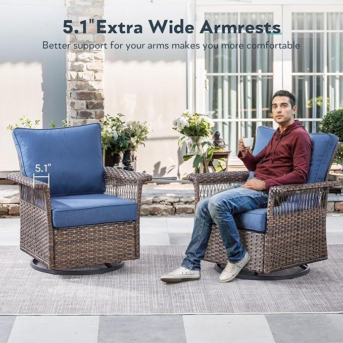 6 Pieces Wicker Patio Furniture Set - Hollow Widen Armrests Outdoor Swivel Glider Chairs and 3 Seat Sofa with Coffee Table & Ottomans for Balcony Porch Deck and Yard - Brown/Blue