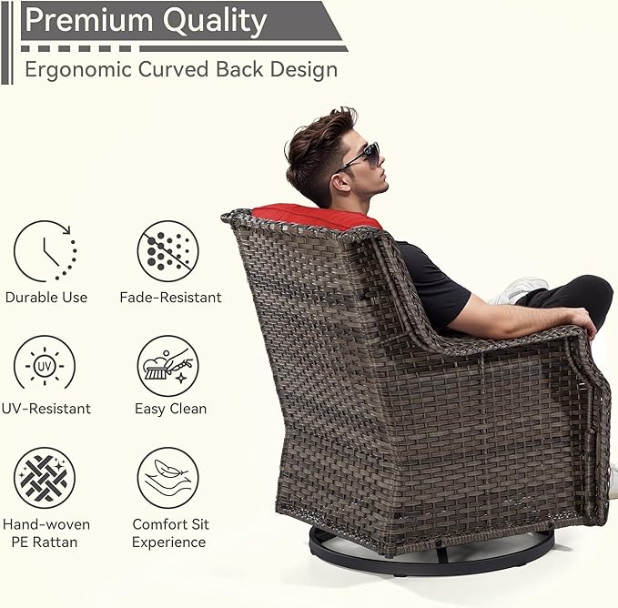 5 Piece Patio Furniture Wicker Conversation Set, 2 Swivel Chairs, 2 Ottomans with 1 Side Table, for Outdoors, Backyard, Deck, Red