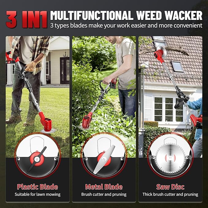 Cordless Electric Weed Wacker, 21V Battery Powered Weed Wacker with 3 Types Blades&2x2.0Ah Battery, Foldable Lightweight Weed Trimmer/Stringless Grass Trimmer/Brush Cutter with for Garden Yard