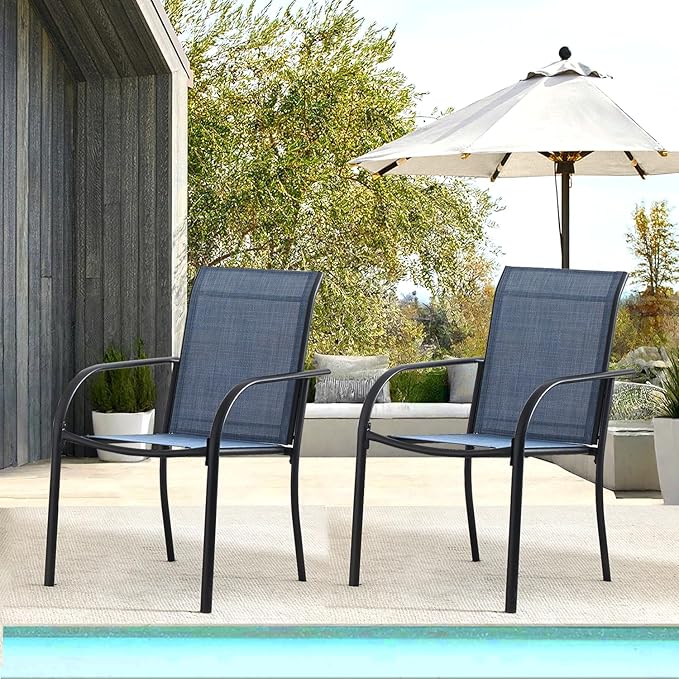 Patio Chairs Set of 2, Outdoor Dining Chairs with Breathable Textilene Fabric, Stackable Patio Chairs for Lawn, Garden, Backyard, Poolside, Dark Blue
