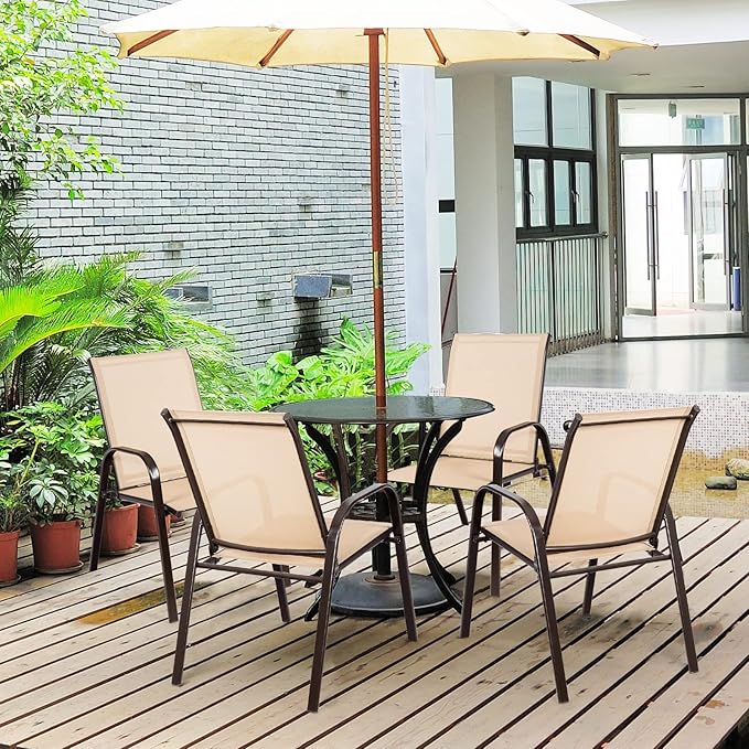 Tangkula 4 Piece Patio Dining Chairs, Outdoor Bistro Chairs W/Curved Armrests, Easy-to-Dry Fabric, Reinforced Steel Frame, Wide & Comfortable Camping Chairs for Garden, Poolside, Backyard (2, Beige)
