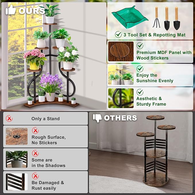 6-Tier Corner Plant Stand, Indoor Plant Stand with L-shaped Base, Aesthetic Metal Plants Shelf for Multiple Plants Flower Pot, MDF Outdoor Plant Holder for Patio Balcony (Rustic Brown)