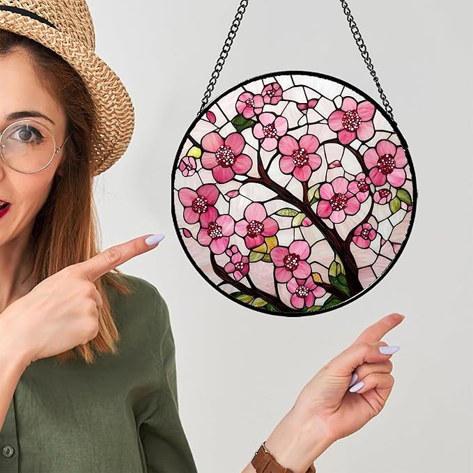 Stained Glass Window Hanging - Cherry Blossoms Birth Flower Suncatcher for Door Garden Patio Sun Catchers Decor Christmas Mother's Day Birthday Gifts for Women Mom Nana Friend Wife 15 in