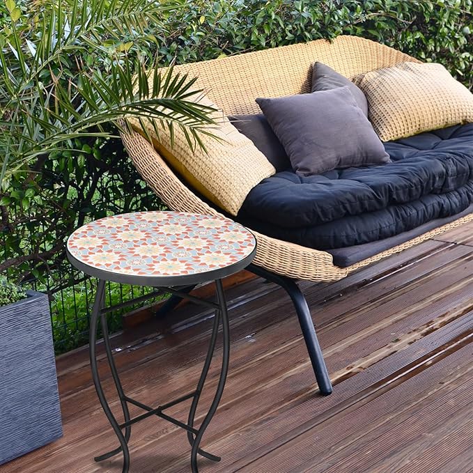 VCUTEKA Mosaic Outdoor Side Table - Small Patio Table Coffee Table Outside Accent Table Round End Plant Table for Bistro Balcony Porch Outdoor Benches 14'' Mosaic Table