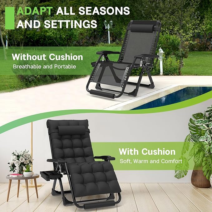 ZENPETIO 29In XL Zero Gravity Chair w/Cushion, Zero Gravity Recliner Lounge Chair for Indoor and Outdoor, Reclining Camping Chair for Lawn, Anti Gravity Chair with Cup Holder and Footrest, 440LBS