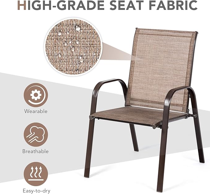Tangkula 4 Piece Patio Dining Chairs, Outdoor Bistro Chairs W/Curved Armrests, Easy-to-Dry Fabric, Reinforced Steel Frame, Wide & Comfortable Camping Chairs for Garden, Poolside, Backyard (2, Brown)