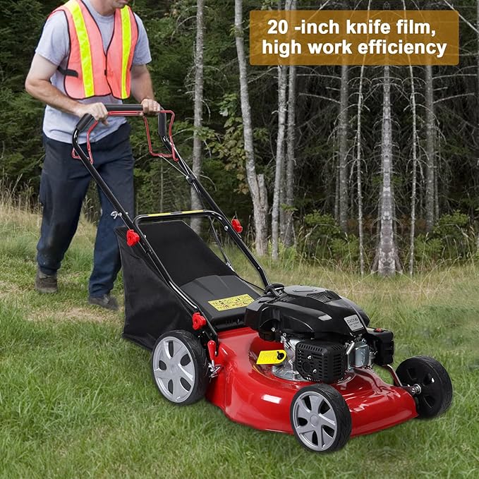 3 in 1 Gas Lawn Mower Self Propelled,141cc OHV Engine with Air Cooling, 20" Steel Deck, 8-Level Height Adjustment, 50L Grass Tank, Foldable Design Red