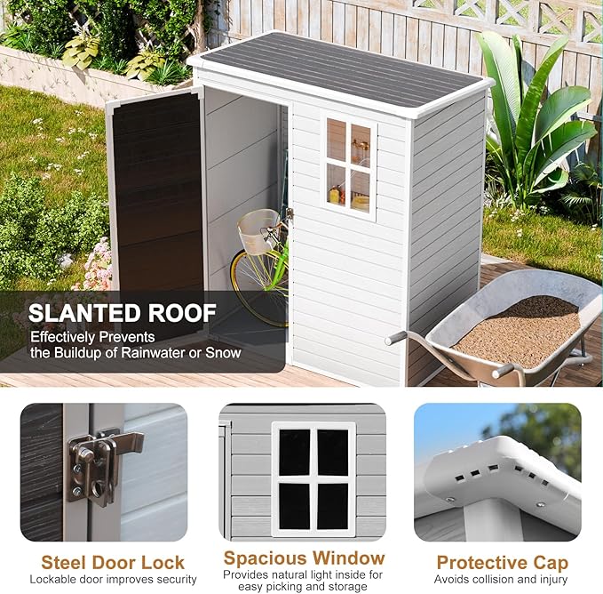 Outdoor Resin Storage Shed with Floor Included 5x3 FT, Waterproof Outside Sheds with Window Lockable Door, Plastic Sheds for Backyard Garden Patio Lawn Tools, Gray