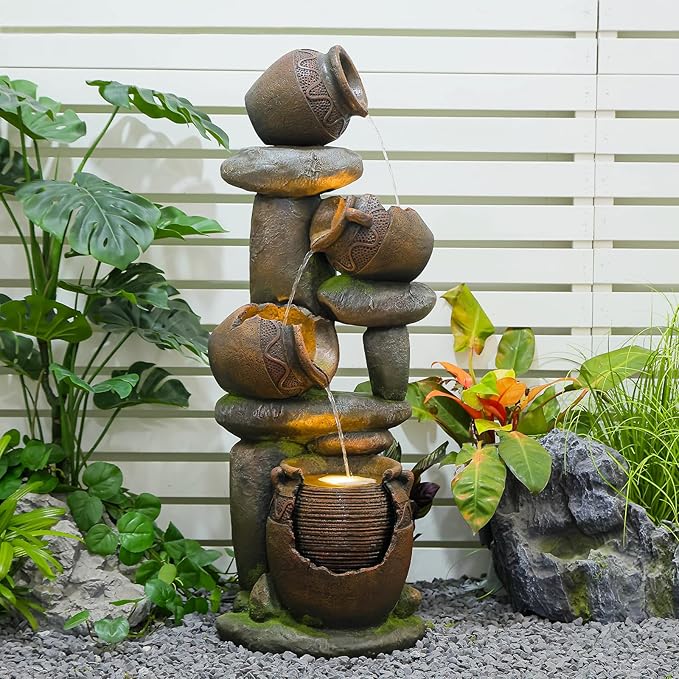Outdoor Fountain with LED Lights, 48.43" Tall Garden Water Fountain - Resin & Fiberglass Freestanding Fountain for Patio, Backyard - Easy Setup Kit