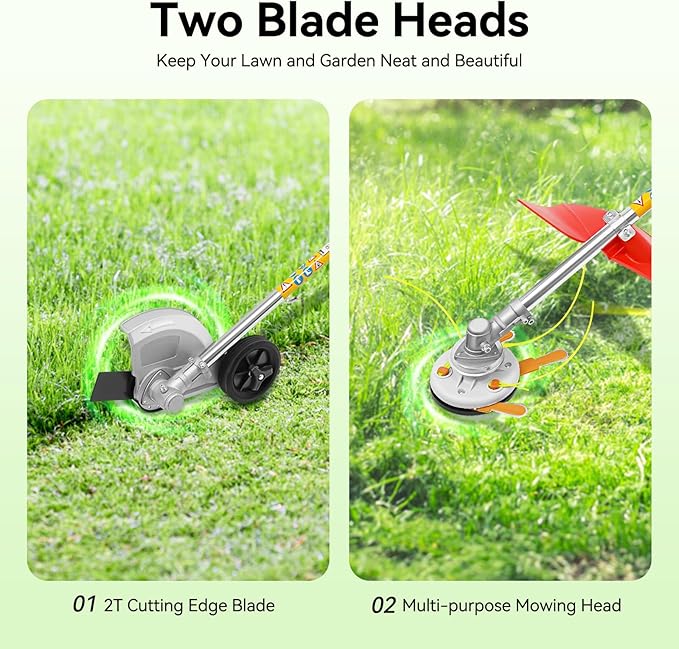 Gas Powered String Trimmer, 2 Stroke Air-Cooled Cordless Lawn Edger Gasoline Weed Eater with 2 Blade Heads for Garden Lawn Grass Hedge Trimmer (26CC, 0.65KW)