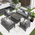 Solaste Aluminum Patio Furniture Set with Fire Pit Table, 7 Seats Metal Outdoor Furniture with Water-Resistant Cushions, Modern Patio Conversation Set for Balcony, Front Porch, and Backyard, Grey