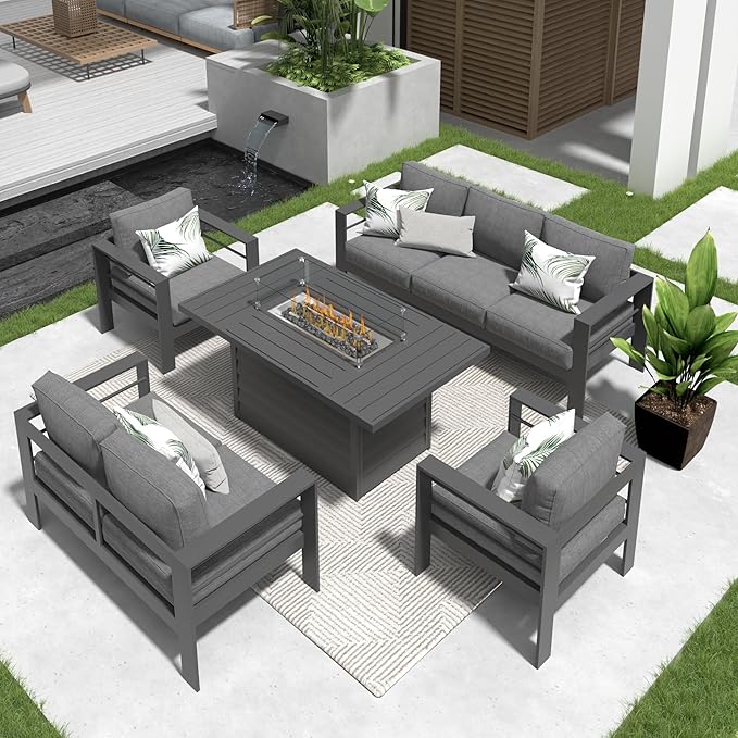 Solaste Aluminum Patio Furniture Set with Fire Pit Table, 7 Seats Metal Outdoor Furniture with Water-Resistant Cushions, Modern Patio Conversation Set for Balcony, Front Porch, and Backyard, Grey
