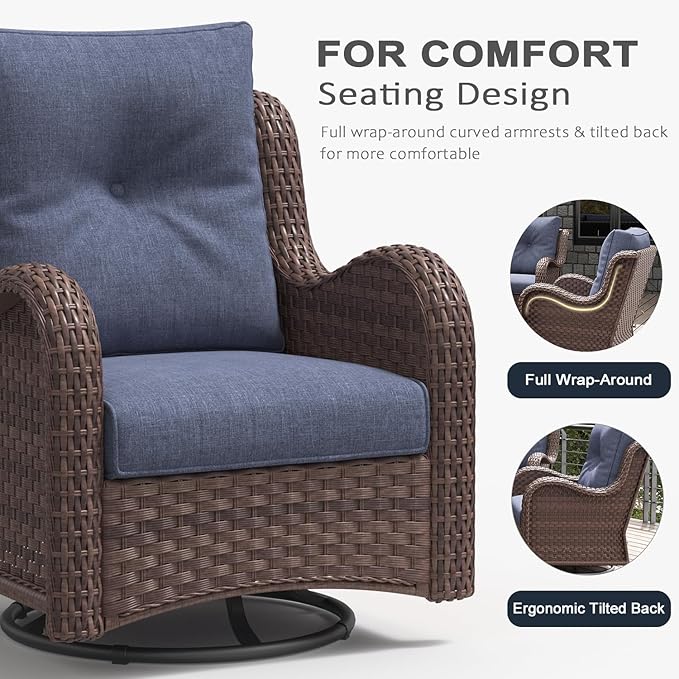 LayinSun 5 Pieces Outdoor Patio Furniture Set with Fire Pit Table, Rattan Wicker Sectional Swivel Rocker Chairs Sets with Swivel Glider Chair and Coffee Table