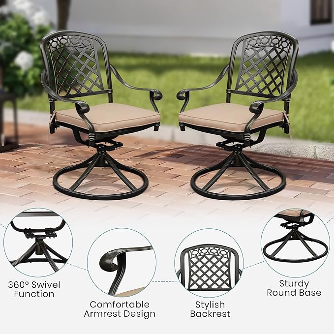 Set of 2 Cast Aluminum Patio Chairs with Cushions, All-Weather Aluminum Outdoor Swivel Chairs, Metal Outdoor Rocking Chairs for Backyard, Poolside and Bistro(Khaki, 2 Pieces)