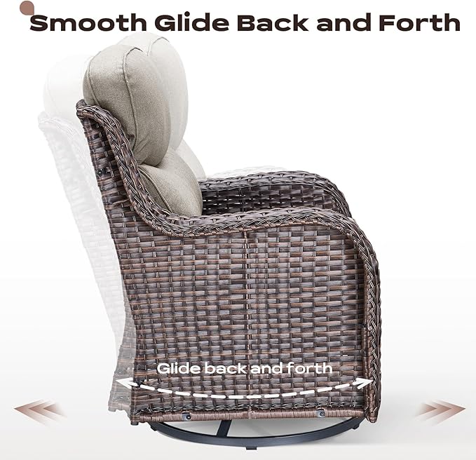 Rilyson Wicker Outdoor Patio Furniture Set - 5 Piece Patio Conversation Sets with Swivel Rocker Chairs, Ottomans and Sofa, 6 inch Cushions, Waterproof Wicker, for Porch Deck Brown/Beige