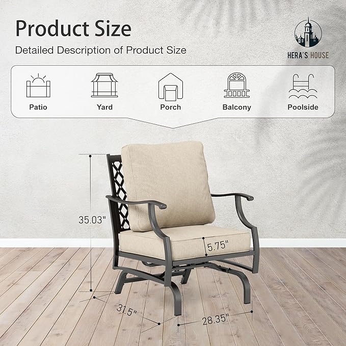 HERA'S HOUSE Outdoor Chairs Set of 2, 2 x Patio Chair with Beige Cushions, All Weather Outdoor Furniture for Lawn Garden Backyard Deck(Rocking Chairs)