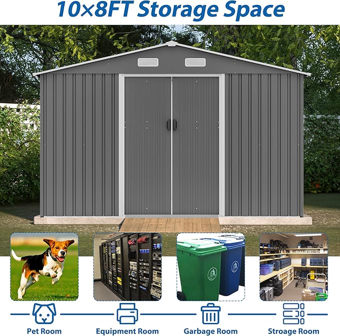 Spacious 10X8 FT Outdoor Storage Shed, All Weather Metal Sheds with Lockable Doors, Tool Shed for Garden, Patio, Backyard, Lawn, Black