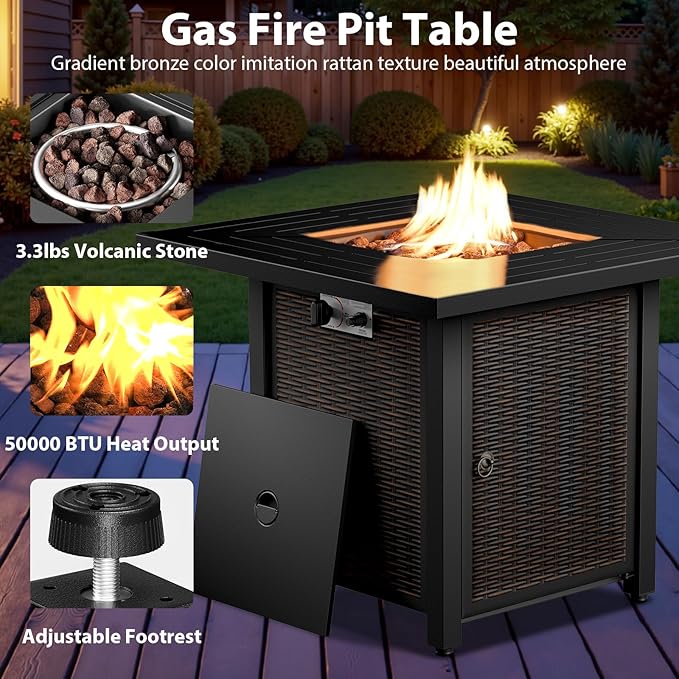 5 Piece Patio Furniture Set with Fire Pit Table - Wicker Patio Conversation Set with Swivel Glider, Glider Loveseat, Tempered Glass Side Table for Deck Backyard - Grey Wicker Grey Cushion