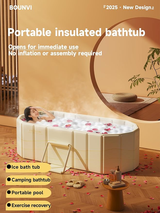 47''Portable insulated bathtub, Ice Bath Tub for Athletes, Inflation-free bathtub for shower, Ice Plunge Tub with Cover, Baths at Home & Outdoor（with Cover）