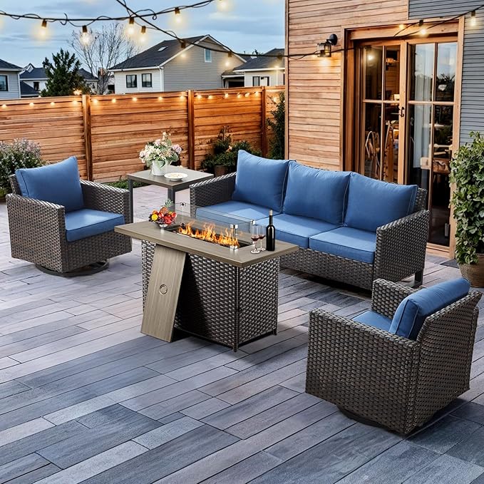 HUMMUH 5 Piece Patio Furniture Set with Fire Pit Table 41in 55,000 BTU,Wicker Outdoor Conversation Sets - Outdoor Swivel Rocker Chairs Patio Sofa for Porch,Garden,Backyard