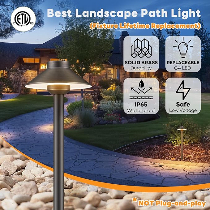 Gardenreet Brass Low Voltage Pathway Lights - 12V Landscape Path Lights Wired, LED Walkway Light Waterproof IP65, Hat Shaped ‎Classic Bronze for Outdoor Entrance Garden G4 Bulb Not Included (6 Pack)
