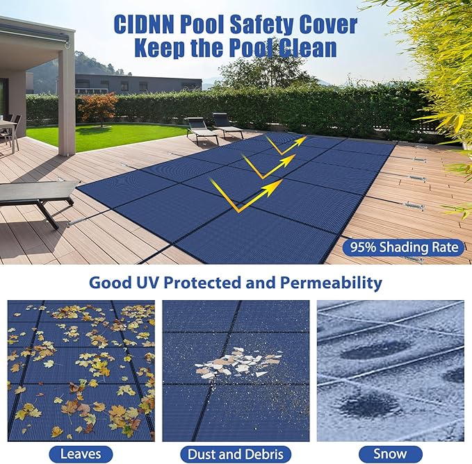 Inground Pool Cover Safety Fits Rectangle Swimming Pool, Mesh Solid Pool Cover for Inground Pools,Winter Pool Safety Cover Includes Safety Net and Installation Tools Blue (Blue, Fits 20x40ft Pools)