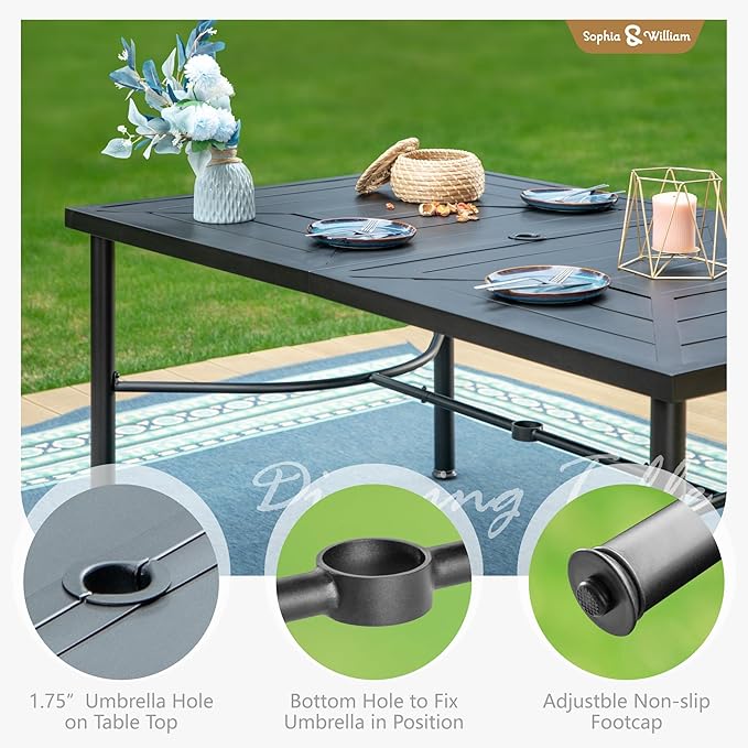 Sophia & William 64" Large Outdoor Dining Table, Rectangular Metal Patio Table for 6, E-Coating Weather-Resistant Dining Table with 1.77" Umbrella Hole for Garden Porch, Black