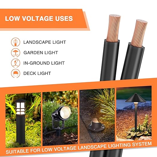 SUNVIE 100FT 14 Gauge Low Voltage Wire 14/2 Low Voltage Landscape Wire, 14 Gauge Stranded Copper Wire Direct Burial Lamp Wire 14 AWG 2 Conductor Electric Wire for Landscape Lighting, ETL Listed