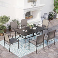7 Piece Patio Dining Set for 6, Rectangular Metal Table with Umbrella Hole, 6 Brown Dining Chairs, Outdoor Table and Chairs Set for Lawn Backyard and Deck