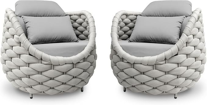 Patio Accent Chairs Set of 2: Aluminum Porch Lounge Chair with Arms - Woven Rope Cushioned Armchair - Modern One Seater Chair - Outdoor Deck Furniture for 400lbs Balcony Lanai Garden Hotel, Gray