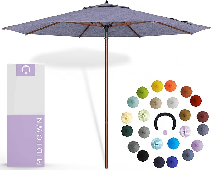 Midtown Umbrellas The Wooden 9 Feet Patio Umbrella With Terylast Purple Texture Polyester Fabric - Aluminum Frame Market Umbrella For Backyard, Deck, Garden, Pool - Wooden Pole
