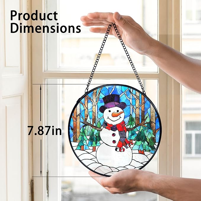 TNUW Snowman Christmas Stained Glass Window Hanging, Rustic Winter Xmas Snowman Sun Catchers Indoor Window Glass Round Wall Art Decor, Christmas Sculptures, Statues, Suncatchers, 7.9＂x7.9＂