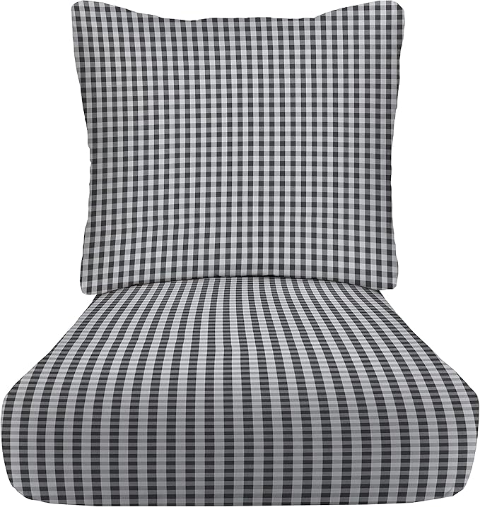 RSH DECOR: Deep Seating Cushion with Pillow Back | 24” x 27” Seat | All-Weather Spun Fabric | Water and Fade-Resistant | Outdoor Chair Cushion Set for Patio Furniture | Dawson Pewter Black Plaid