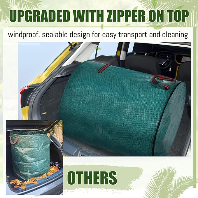 10 Pcs 106 Gallons Yard Waste Bags with Lid and 4 Pairs Gardening Coated Gloves Leaf Bags (h30" x D26") 4 Handles Large Waste Container for Lawn Yard Weed Leaf