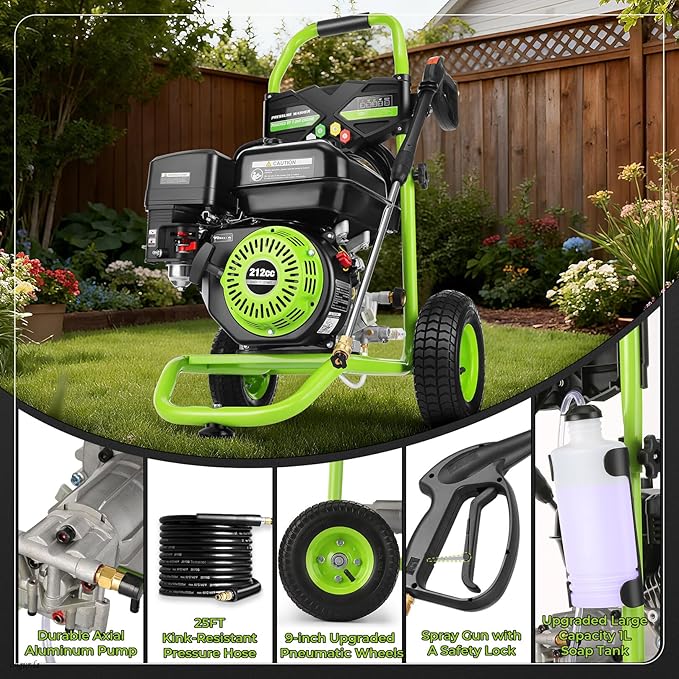 Professional 4200PSI 4GPM 212CC Gas Pressure Washer, 7.0 HP Commercial Gas Power Washer with 1L Foam Bottle 9" Wheels 5 Nozzles 25FT Hose for Home Car Fence Driveway (EPA/CARB/ETL Compliant), Green
