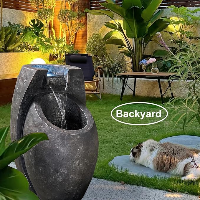 Backyard Water Fountain – 21.5” Tall Floor Standing Fountain, Indoor/Outdoor Modern Two-Tier Waterfall for Garden, Patio, or Yard Décor