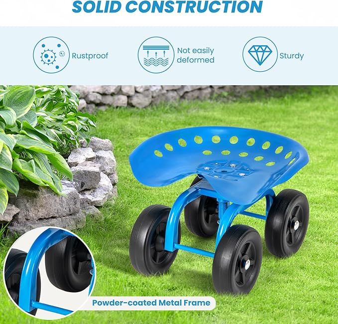 Rolling Garden Seat, Garden Cart with 360° Swivel Work Seat & Adjustable Height, Heavy Duty Garden Seat with Wheels for Lawn Yard Patio Greenhouse Planting Cleaning (Blue)
