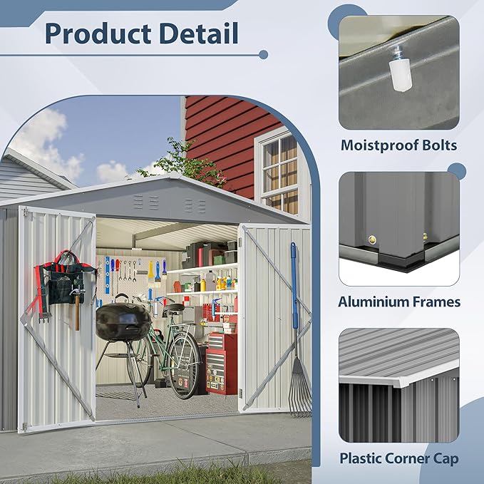 Favfurish 10×8 FT Metal Outdoor Storage Shed, Large Garden Sheds with Lockable Doors, All Weather Anti-Corrosion Galvanized Steel Tool House for Backyard Garden Lawn,Grey