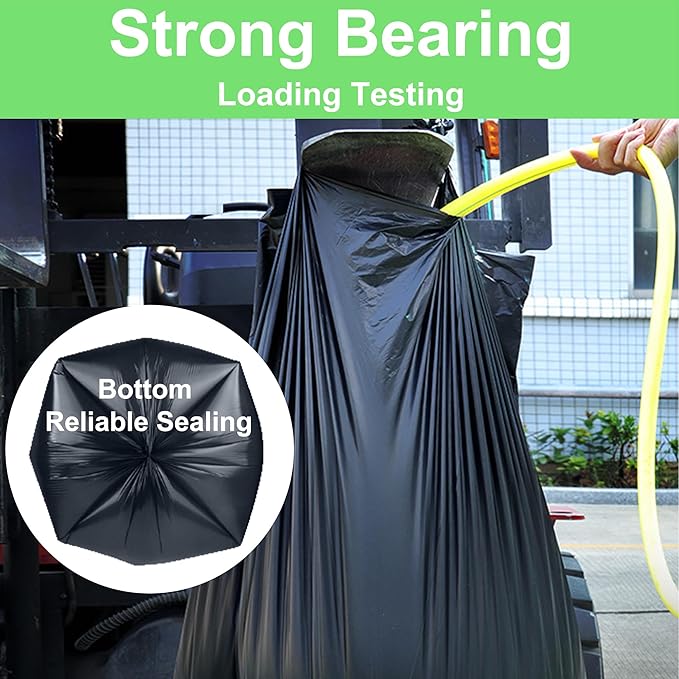 55-60 Gallon Trash Bags Heavy Duty 60 Count Bulk with 4 Innovative Flap Ties | Compatible with Rubbermaid Brute & Winco & Behrens 55-60 Gallon Round Trash Can | Tear & Leak Resistant Black