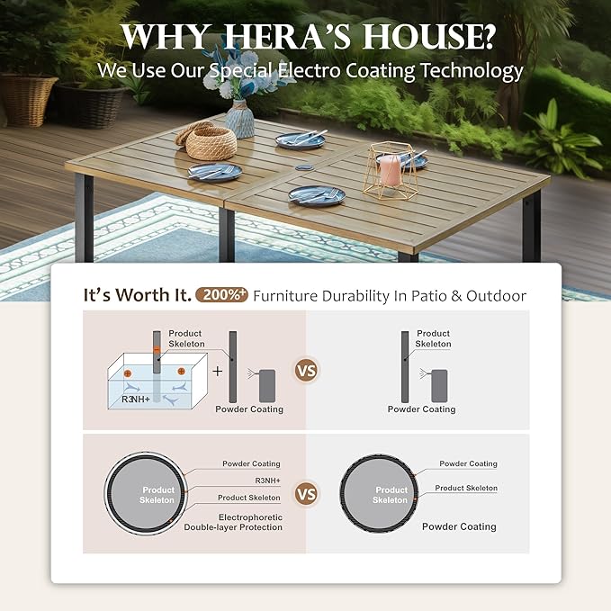 HERA'S HOUSE 7-Piece Outdoor Dining Set for 6, 60" Weather-Resistant Metal Patio Table with 6 Foldable Black Chairs, Perfect for Garden, Backyard, Porch & Lawn (Space-Saving Design)