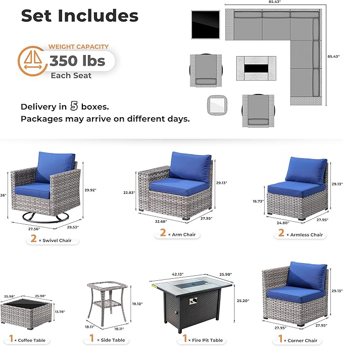 ovios 10 Pieces Patio Furniture Set, Outdoor Wicker Sectional Sofa with 42" Fire Pit Table Swivel Chairs, Modern Modular Deep Seat Rattan Couch Conversation Sets, Navy Blue