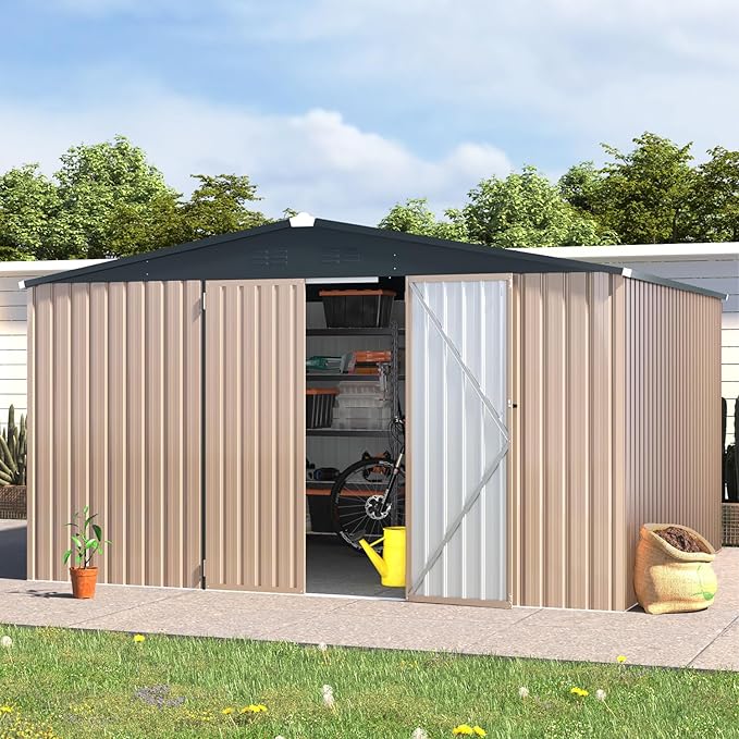 U-MAX Shed 10' x 12' Storage Shed Large, Metal Sheds & Outdoor Storage 10x12, Lockable Outdoor Shed Utility and Tool Storage for Garden, Backyard, Patio, Outside in Grey