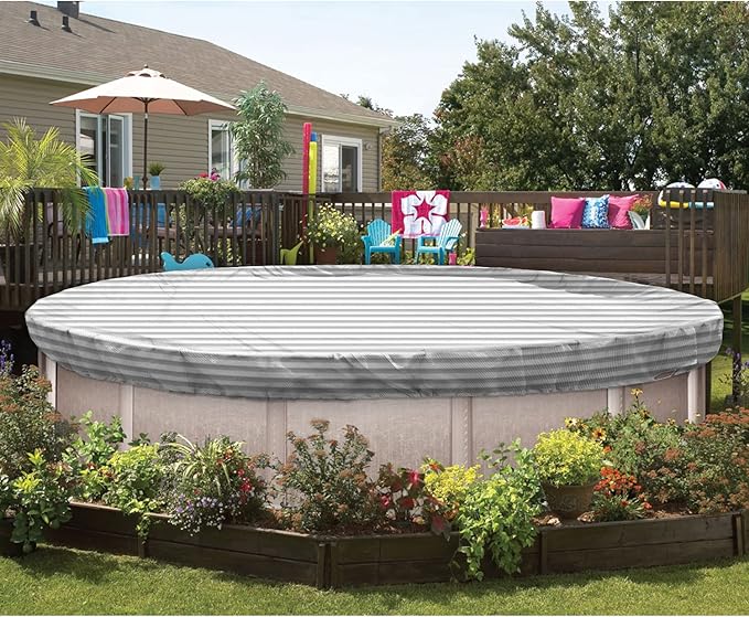 ECOOPTS 14 ft Round Pool Cover for Above Ground Pools, Swimming Pool Cover Protector Winter Safety Cover (Gray White Stripes)