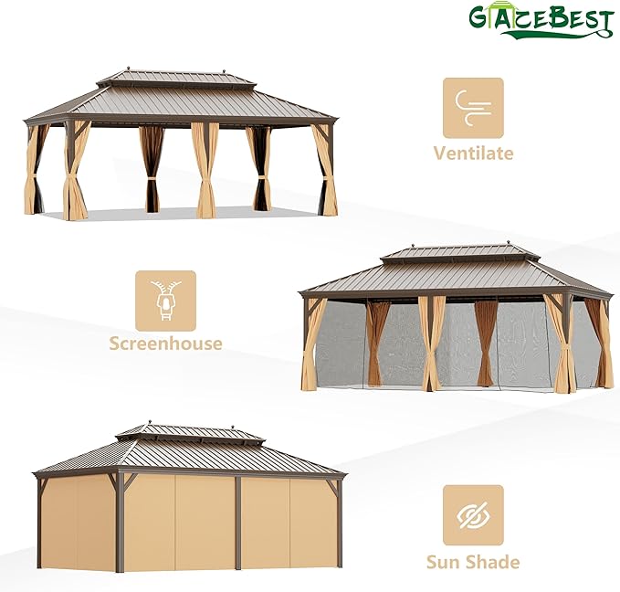 14' X 22' Hardtop Gazebo, Aluminum Wood-Looking Frame Outdoor Permanent Galvanized Steel Double Roof Pavilion Pergola Canopy with Privacy Curtains for Garden, Patio, Backyard, Deck and Lawns.