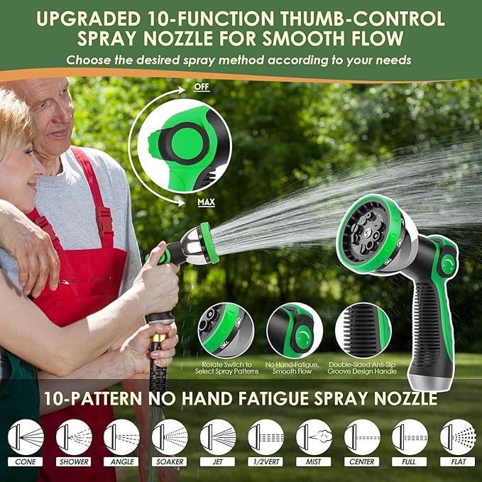 Non-Expandable Garden Hose 75 ft, Ultra Lightweight Flexible Water Hose with 10-Pattern Nozzle, Leak-Proof, High-Density Fabric, Thickened Connector, Shut-Off Valve for Yard, Lawn, Outdoor